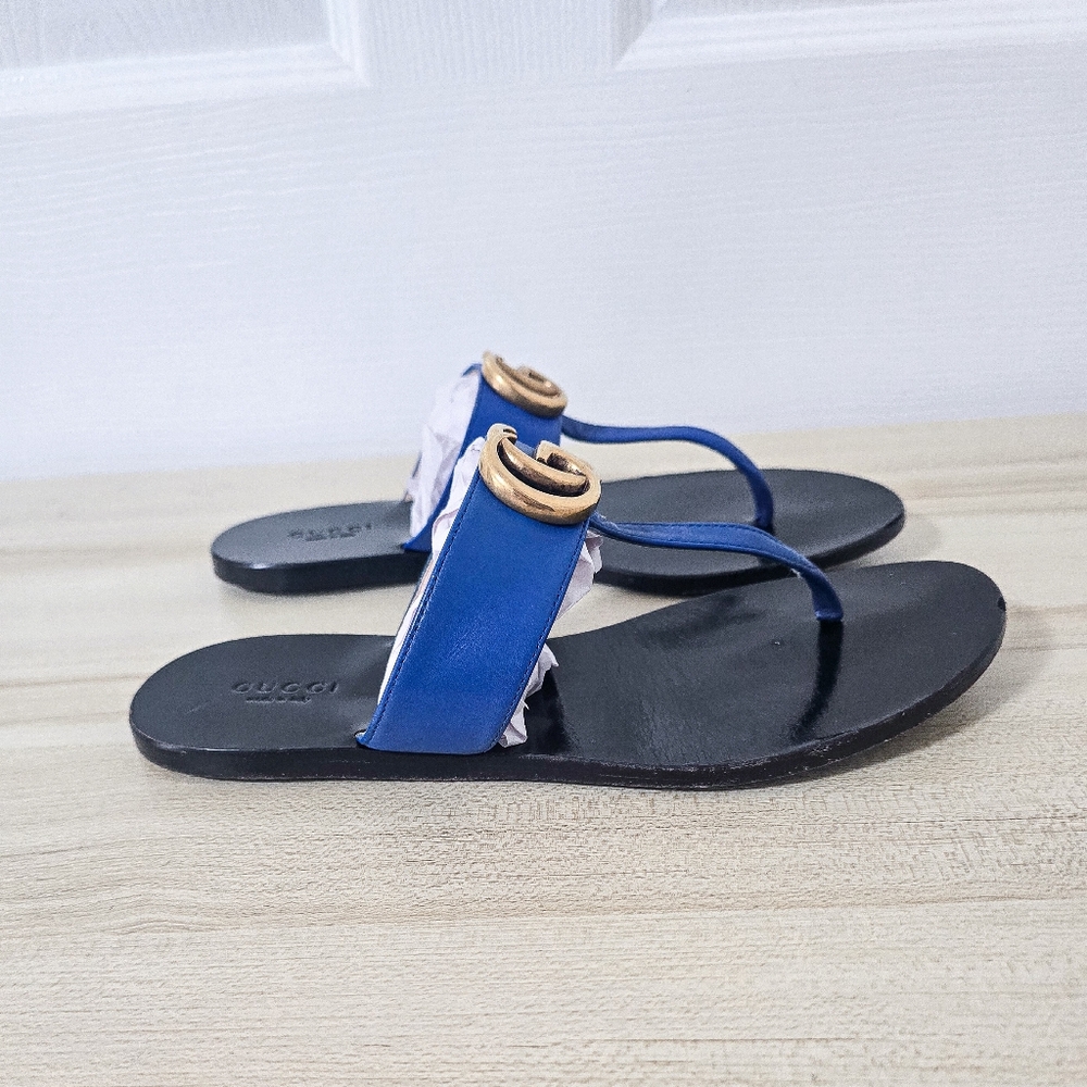Gucci GG Marmont Calfskin Leather Thong Sandals In Electric Blue Size 37 - Picture 8 of 14